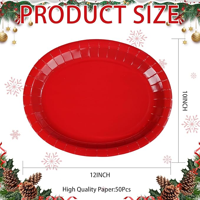 50 Pcs Red Oval Paper Plates 10"x12" Large Red Valentine's Day Plates Disposable Heavy Duty Valentines Day Platter for Chinese New Year Holiday Decorations Daily Dinner Wedding Birthday Party Supplies