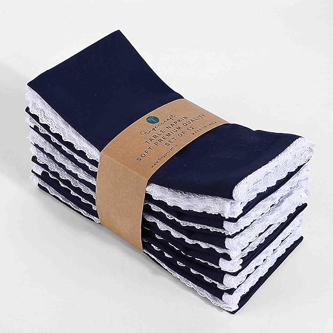 FINGERCRAFT Dinner Cloth Napkin Cotton Linen Blend 4 Pack Mitered Corners with Elegant Lace for Everyday Use Napkins are Pre Shrunk and Good Absorbency Navy