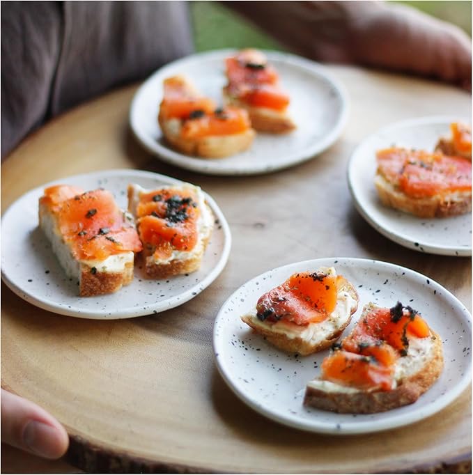 roro Ceramic Canape Plates, Set of 4, Matte White with Dark Speckles, Handmade, 5 Inches Wide