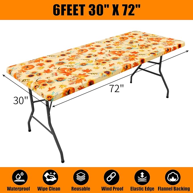 Smiry Plastic Thanksgiving Tablecloth, Sunflower & Pumpkin Wipeable Flannel Backed Vinyl Tablecloths for 6 Foot Tables, Waterproof Elastic Fitted Table Covers for Autumn Harvest (Gold, 30x72 Inches)