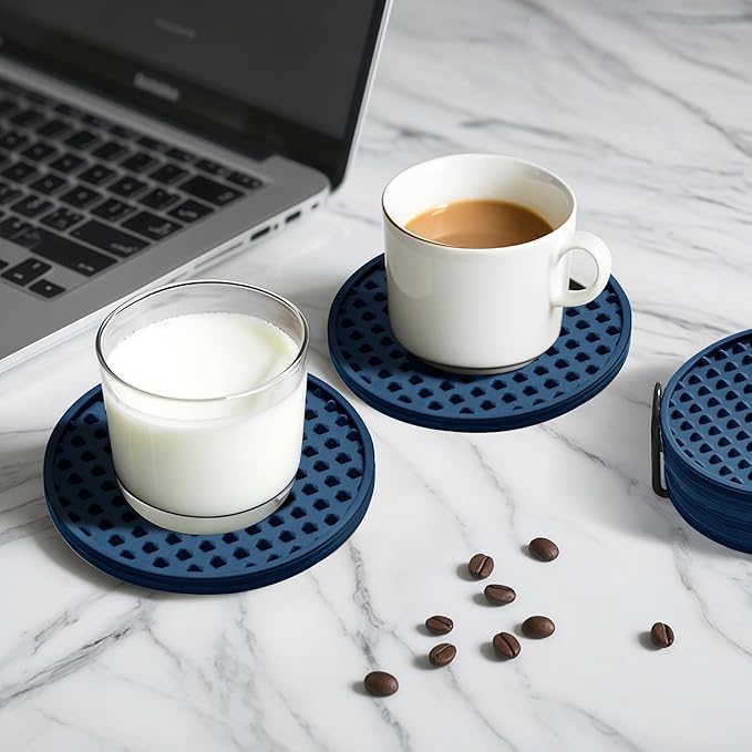 Coasters for Drinks, Silicone Coasters Set of 6 with Metal Holder, Outdoor Coaster for Coffee Table, Non-Slip Rubber Table Cup Mat Desk, Heat Resistant & Scratch-Proof (Navy Blue)