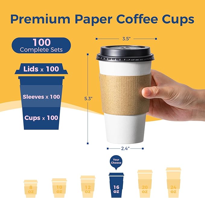 Fit Meal Prep 100 Pack 16 oz Disposable Coffee Cups with Lids, Sleeves, Leak-Proof To Go Coffee Cups with Lids, Durable Paper Cups for Hot Cocoa and Coffee Bar Supplies