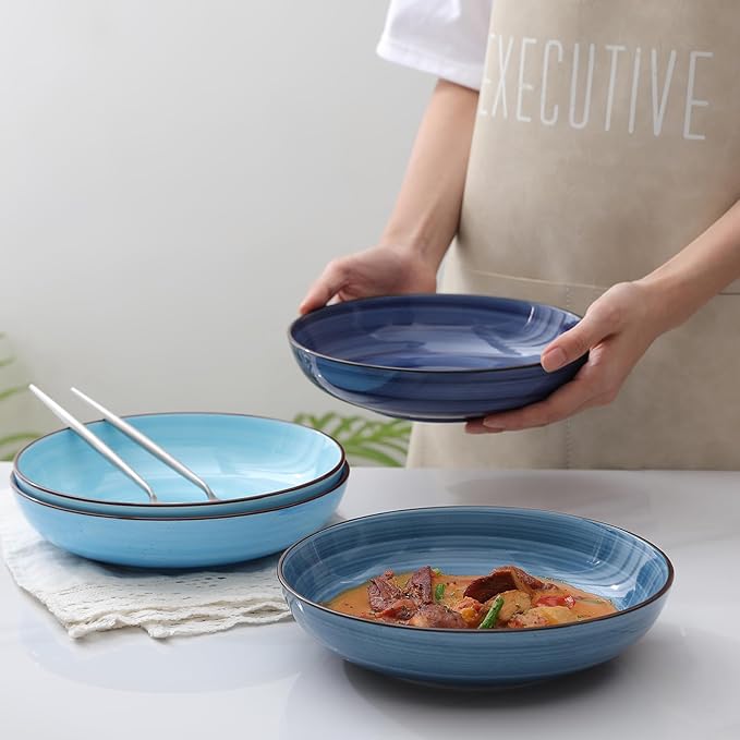 Selamica Ceramic Pasta Bowls Set 34 OZ, Large Salad Bowl 8.6 Inch Deep Plates for Pasta Soup, Microwave & Dishwasher Safe, Set of 6, Gradient Blue