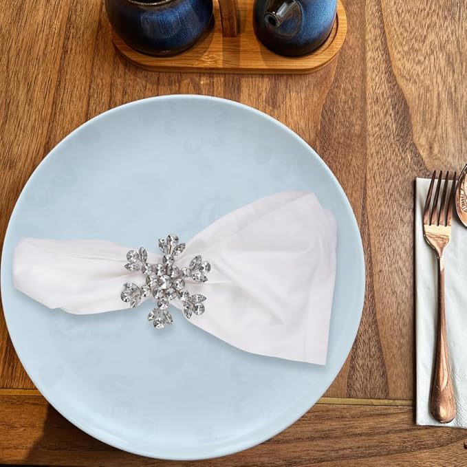 Lightnpro Snowflake Design Plastic Stone Beaded Napkin Rings Set of 6 - Beautiful Fancy Elegant Winter Table Decor for Christmas, Weddings, and Holiday Dinners - Silver