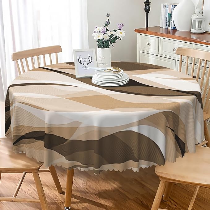 Laeacco 60 Inch Brown Modern Round Tablecloth Striped Geometric Abstract Art Print Table Cloth Washable Waterproof Wrinkle Free Table Cover for Kitchen Dining Picnic Party Decoration