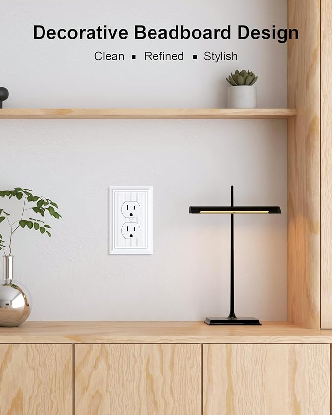 6-Pack Classic Beadboard Duplex Outlet Cover Plate, Decorative Switch Plates and Outlet Covers, Natural Bamboo Fiber Wall Plates for Electrical Outlets, 1 Gang Receptacle Cover,Pure White
