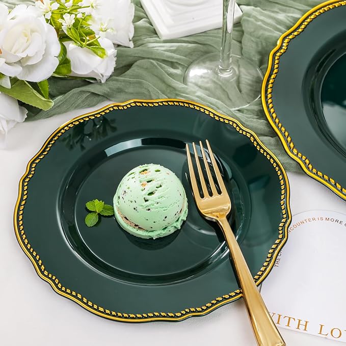 Hioasis 60pcs Green Plastic Plates - Green and Gold Disposable Dinnerware with Gold Rim, Heavy-duty, 7.5 inch, Dessert Plates for Party & St. Patrick's Day