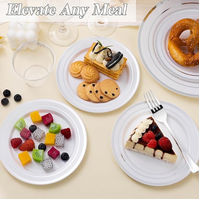 BESTSTAR 200PCS Silver Plastic Plates Set, 100 10.25 inch Dinner Plates and 100 7.5 inch Dessert Plates, Premium Disposable Plates for Party, Wedding