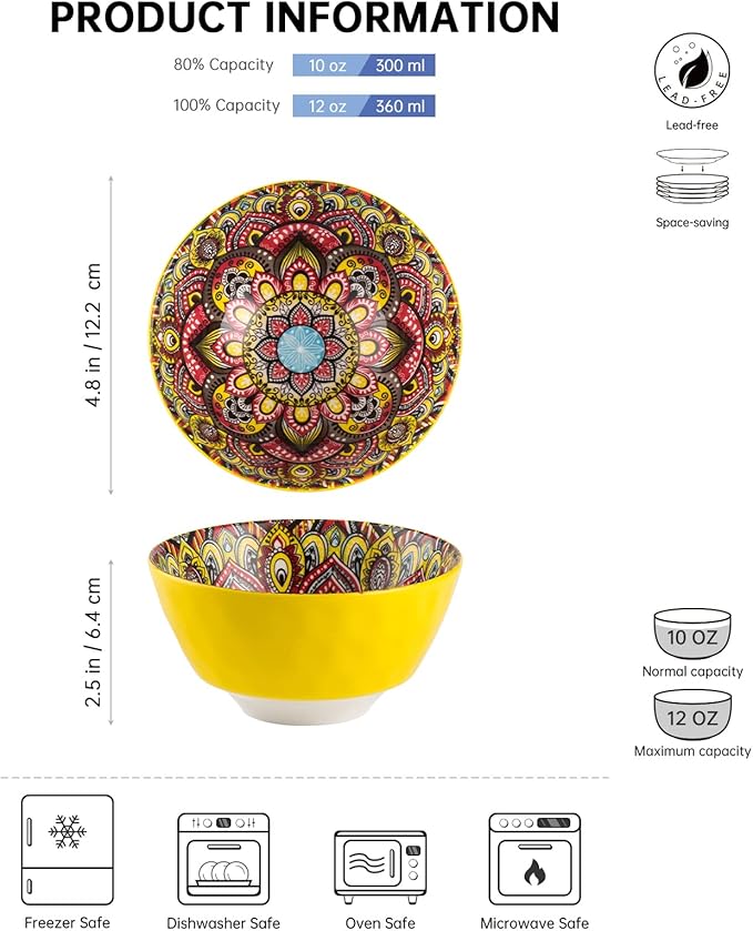 Henten Home Small Dessert Bowls Set of 6, Ceramic 12 oz Rice Bowls Set, Porcelain Colorful Serving Bowls for Snack, Ice Cream, Salad, Bohemia Style, Microwave & Dishwasher Safe