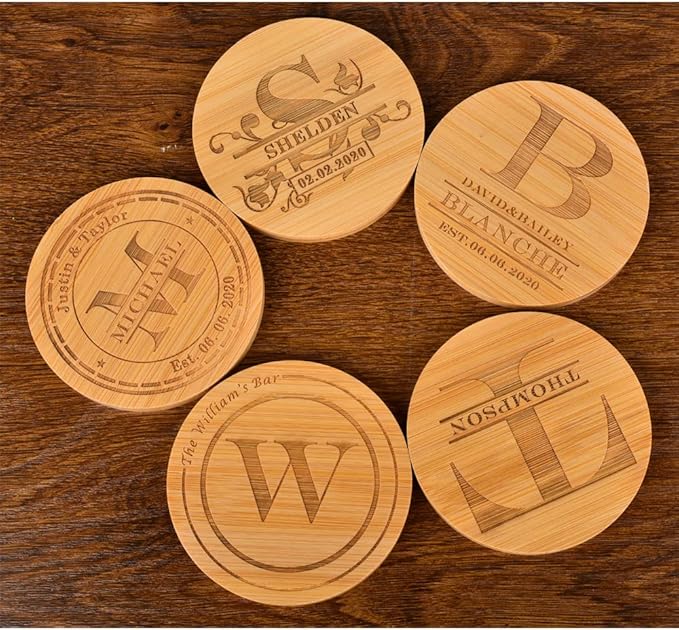Personalized Bamboo Coasters, Custom Engraved Monogram Coasters with Holder, Great Gifts for Relatives, Friends or Yourself (Set of 6)