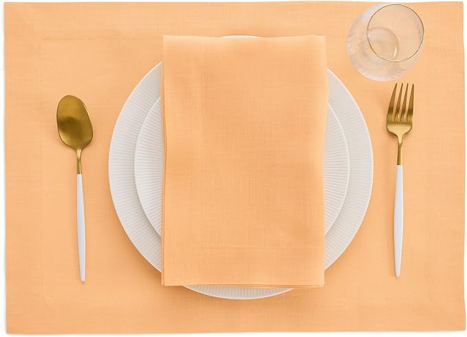 Solino Home Linen Cloth Placemats Set of 4-100% Pure Linen Peach Placemats 14 x 19 Inch for Valentines, Spring, Easter - Fete