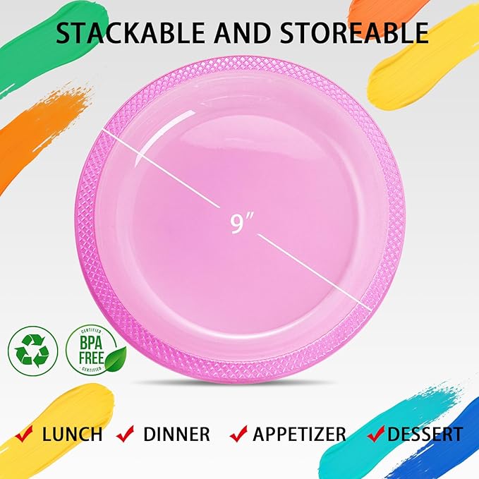WELLIFE Neon Pink Party Plates 9 Inch -150 Count, Translucent Pink Plastic Disposable Dessert Plates for Fluorescent Neon Theme Party Cake Appetizers Valentine's Day Easter Baby Shower Mother's Day