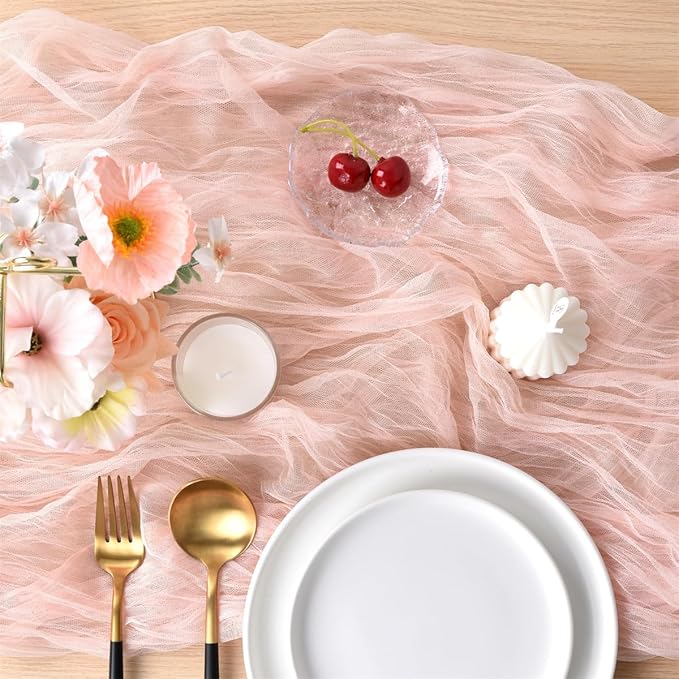 Joanlody Peach Cheesecloth Table Runner Spring Easter 10Ft Rustic Gauze Boho Cheese Cloth Table Runner for Wedding Bridal Baby Shower Decoration 4 Pack
