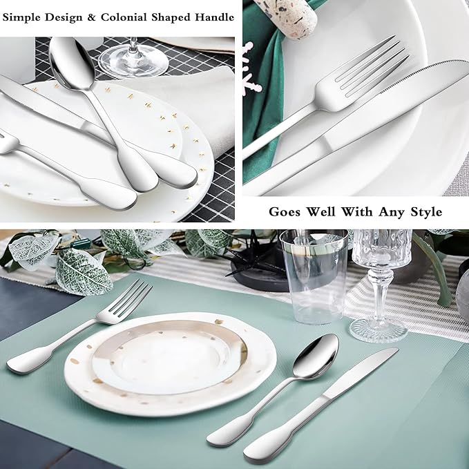 18/10 Silverware Set, E-far 20-Piece Stainless Steel Flatware Cutlery Set Service for 4, Metal Tableware Eating Utensil Sets for Home/Restaurant/Wedding, Elegant & Classic Style - Dishwasher Safe