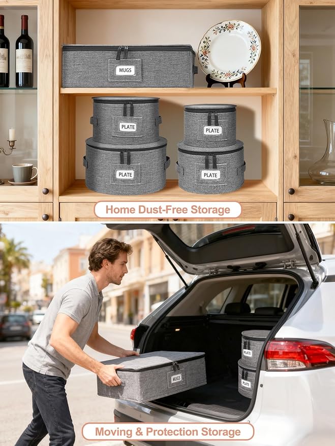 Cirhy China Storage Containers 5-Piece Set - Reinforced Hard-Sided Moving Boxes for Dinnerware, Fine China, Stemware & Mugs - Sturdy Quilted Dish Packing Protectors with Dividers (Service for 12)