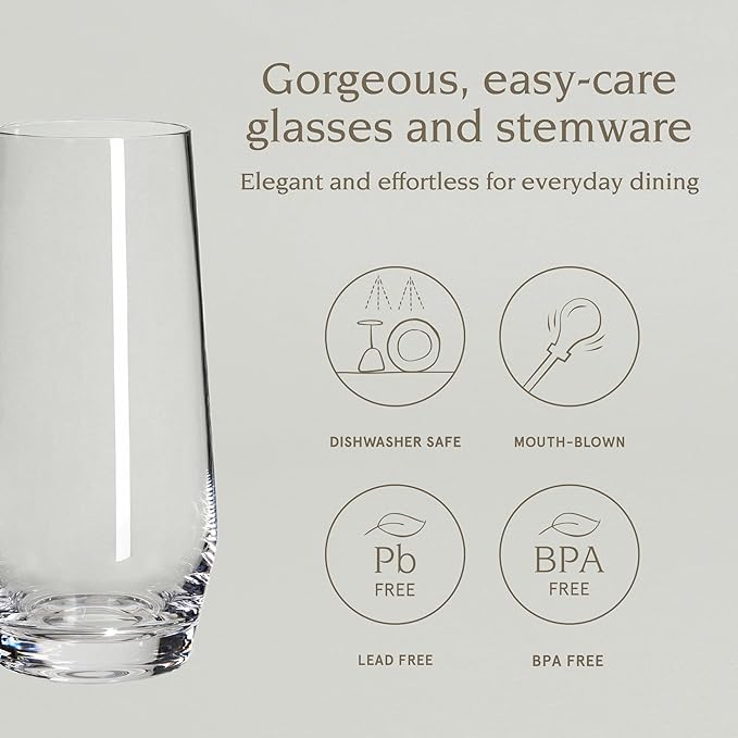 over&back 12oz Traditional Glassware - Set of 4 Classic Stemless Drinking Glasses for Parties, Get-togethers, and More - Mouth-Blown - Wine Cups for Kitchen and Dining Room - Clear