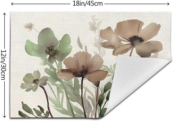 Spring Floral Placemats 12x18 Inches Set of 4,Watercolor Brown Green Flower Decorative Rectangle Summer Decor Floral Decoration Table Mats for Party, Home Kitchen,Dining Table Decoration
