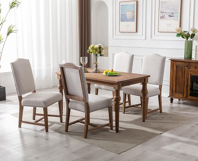 CIMOTA Mid Century Modern Dining Chairs Set of 2, Farmhouse Upholstered Dining Room Chairs Comfortable Kitchen Side Chairs with High Back/Natural Solid Wood Frame, Linen Beige