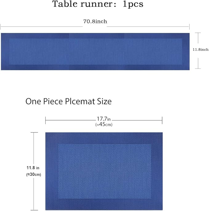 Vinyl Placemats Set of 6 Vinyl Heat-Resistant Table Mats with Matching a Same-Style 72 inches Table Runner (7pcs,Blue)