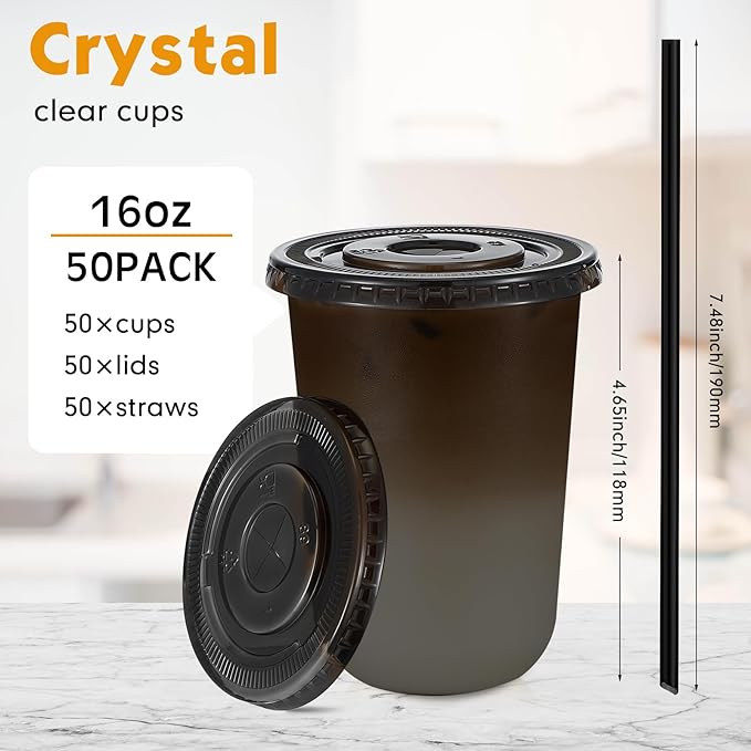 50 Sets Clear Plastic Cups with Lids and Straws, Disposable Iced Coffee Cups Drinking PET for Cold Drinks, Juice, Smoothie, Coffee Shops, Party, Christmas(Black,16 oz)
