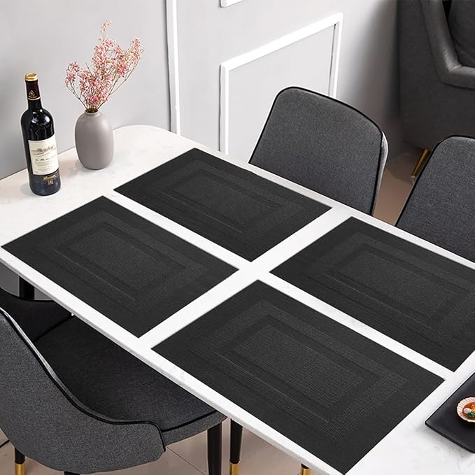 PIGCHCY Placemats,Washable Vinyl Woven Table Mats,Elegant Durable Placemats for Dining Table Set of 4 (18 x 12 inches, Pure Black)