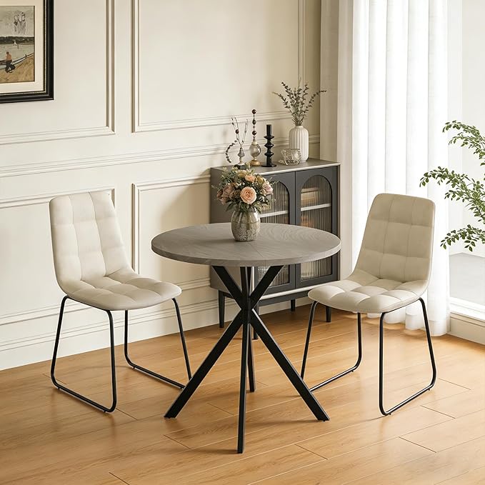 31.5" Round Dining Table Chairs Set for 2, Small Dining Table Chairs Set Space-Saving, Small Dinette Sets for 2 for Kitchen Dining Room Apartment(Gray Table + Beige Chairs)
