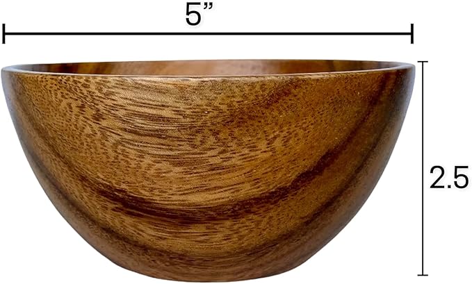 Wooden Bowl Set of 4, Small Acacia Wood Bowls, 5” Diameter, 2.5” Tall, 8 oz Capacity, Handcrafted Bowls for Salad, Snacks, Fruit & Kitchen Gifting