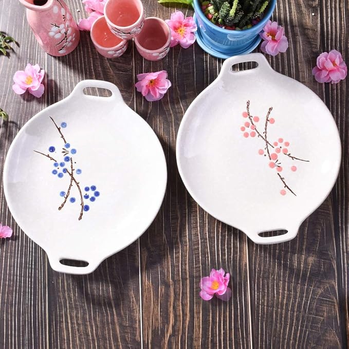 Japanese Hand-painted Ceramic Dinner Plates, Ceramic Dinner Plate Set of 2, Household Tableware(Red and blue)