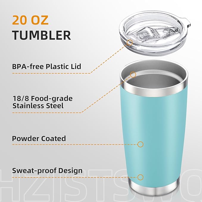 20 oz Tumbler Bulk with Lid Stainless Steel Insulated Tumblers Double Wall Vacuum Coffee Mug Powder Coated Tumbler Cups for Cold and Hot Drinks, Sky Blue, 6 pack