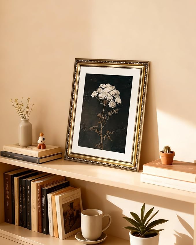 InSimSea Gold Picture Framed Wall Art, Living Room Vintage Dark Flower Wall Decor, Moody Floral Botanical Canvas Print Art, Home Farmhouse Decor, Antique Paintings with Frame 13x16inch