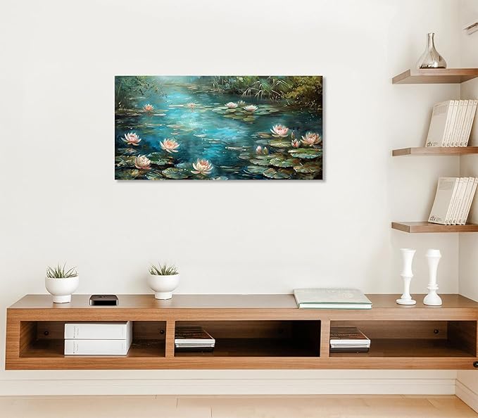 ADJUVANT Wall Art Impressionist Water Lily Pond 48" L x 24" W, Lotus Flower Canvas Painting Nature Artwork Green Water and Pink Blooms Prints Wall Decor for Living Room Bedroom Study Home Office