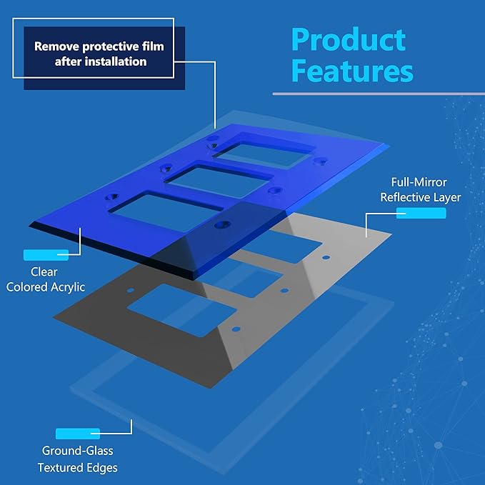 LIDER Reflective Acrylic Decorator Wall Plate, Mirrored Light Switch Plate, Plexiglass Outlet Cover, Acrylic Glass, Oversized 3-Gang 5.25" x 7.06", LWP-33O-ABL, Blue