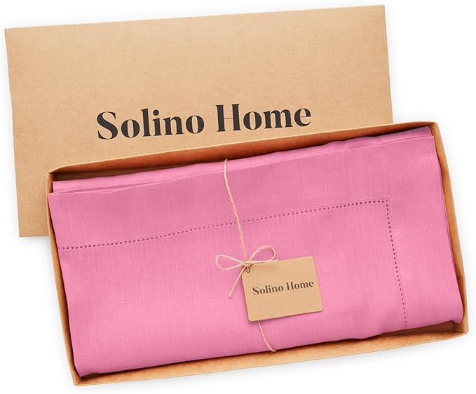 Solino Home Linen Tablecloth for Rectangle Tables 60 x 120 Inch - Classic Hemstitch 100% Pure Linen Flamingo Pink Table Cloth - Machine Washable Cloth Tablecloth for Valentines, Spring, Easter