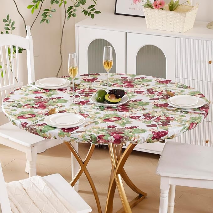 Walrus Round Vinyl Fitted Tablecloth with Flannel Backing Elastic Edge Design Table Cover Waterproof Oil-Proof PVC Table Cloth Stain-Resistant Best for 45"-56" Round