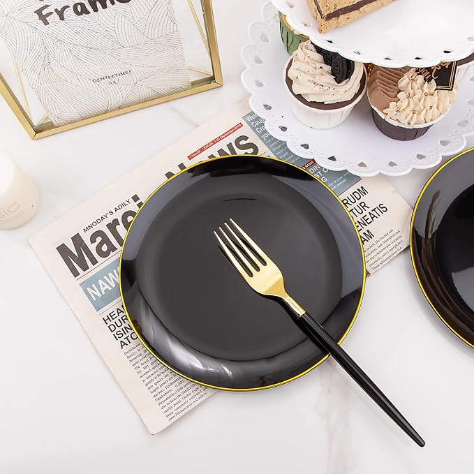 I00000 144Pcs Black and Gold Dessert Plate Set, Including 72Pcs Black and Gold Plastic Plates 7.5" and 72Pcs Disposable forks 8.5", Fancy Salad Plates with Gold Rim for Thanksgiving and Party