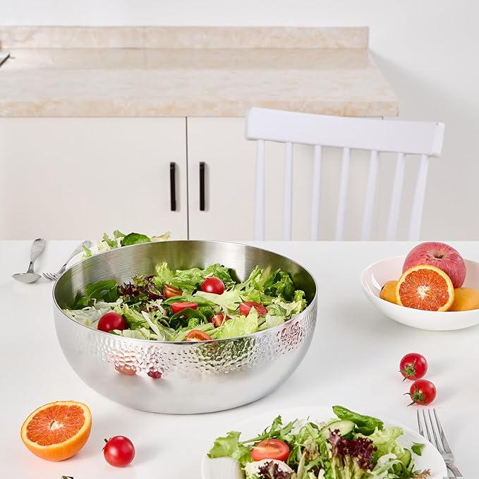 100oz Stainless Steel Hammered Salad Bowl, Large Fruit Popcorn Serving Bowl