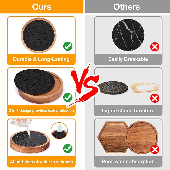 5 Pcs Best Wooden Coasters Non-Slip, Non-Stick, 4 Inches Black - Gtencemen Acacia Wood Coaster Set Absorbent Coasters for Drinks, Coffee Bar, Kinds of Cups, Rustic Farmhouse, Dining Room Table Decor