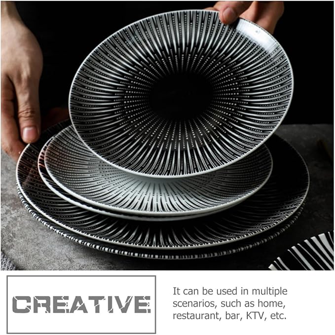 PRETYZOOM Nordic Style 10-inch Ceramic Dinner Plate with Black Striped Pattern, Western Pasta and Dessert Plate for Restaurant and Home Serving