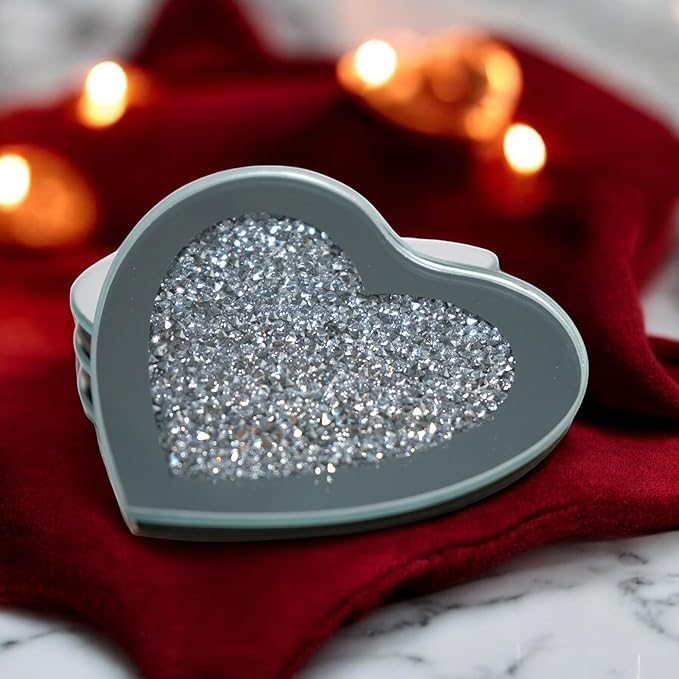 Crushed Diamond Crystal Glass Mirrored Heart Love Coasters Set of 4 Glittering Bling Silver TRENDZY ® Drink Wine Coasters for Home Kitchen Bar & Restaurant Home Decor Birthday Wedding (Heart)