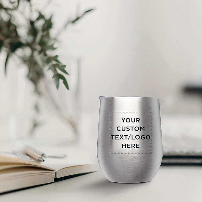Custom Stemless Wine Glass Tumblers with Lids by Largo 11 oz. Set of 12, Personalized Bulk Pack - Perfect for Wine, Cocktails, Other Hot & Cold Beverages - Silver