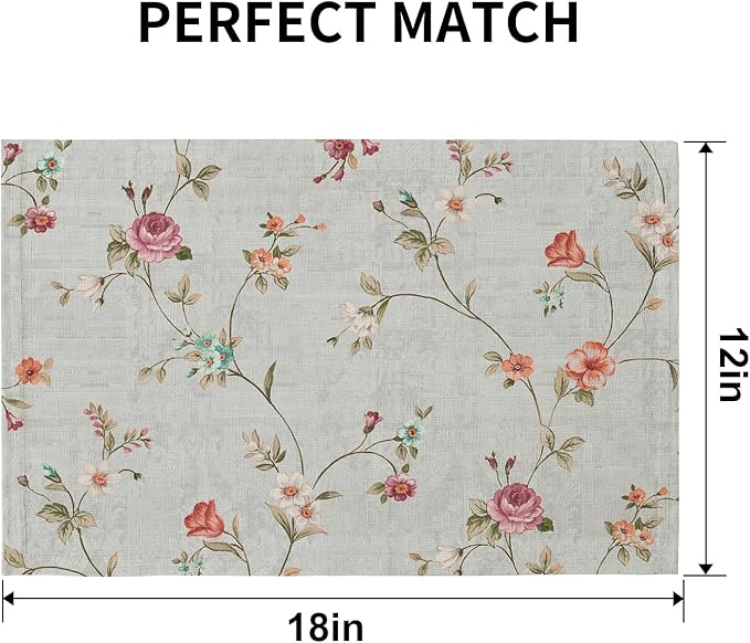 QIYI Boho Placemats Set of 6, 12x18 Inch Linen Fabric Floral Place Mats for Kitchen Dinning, Farmhouse Rustic Cloth Table Mats, Washable Placemat Party Table Décor, Vintage Pink Flowers