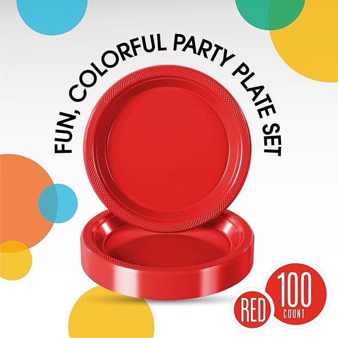 Red Plastic Plates For Party 10" Red Disposable Plates Heavy Duty 100 Pcs Plastic Dinnerware Sets Heavy Duty 350 GSM Disposable Dinnerware Set