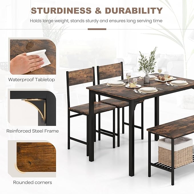 NAFORT Dining Table Set for 4 with Bench, Industrial Kitchen Table and Chairs, Rustic Brown Wood & Black Metal 4-Piece Dining Set for Apartment, Small Space, Kitchen & Dining Room