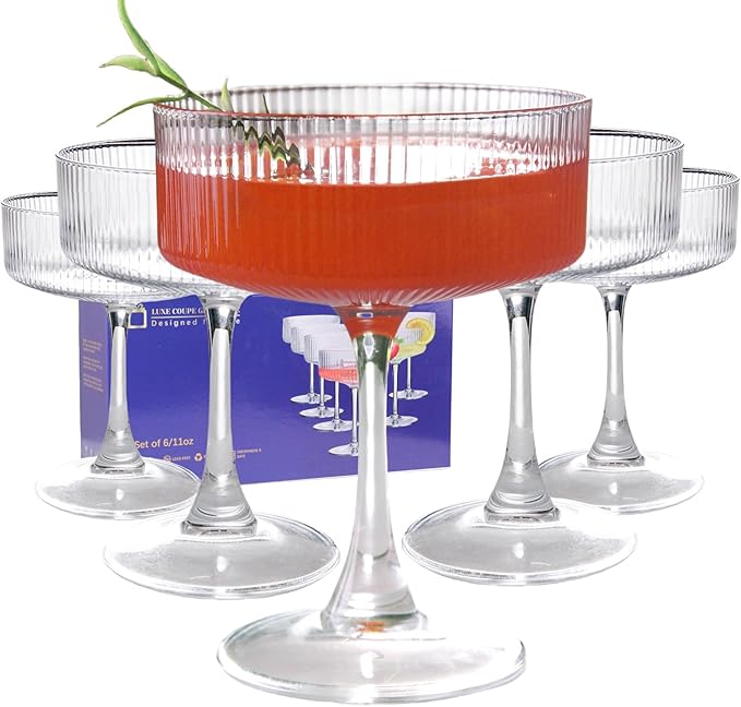 11oz Large Vintage Coupe Glasses Set of 6,Ribbed Cocktail Glasses,Classic Espresso Martini Glasses,Margarita and Champagne Glasses for Bar,Wine,Dessert,Cocktail Glassware Gift Set