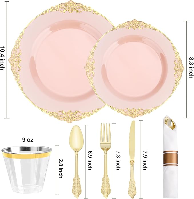 350 PCS Pink and Gold Plastic Plates, Plastic Dinnerware Set for 50 Guests, 100 Disposable Plates, 150 Silverwares, 50 Cups, 50 Napkins for Party, Wedding, Graduation