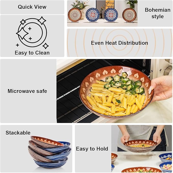 Yeacccng Pasta Bowls Set of 6, 35 Oz Ceramic Large Salad Bowl, 8.5 Inch Colorful Serving Bowls for Kitchen, Dishwasher & Microwave Safe, Scratch-Resistant, Lead-Free (Brown*3 + Blue*3)