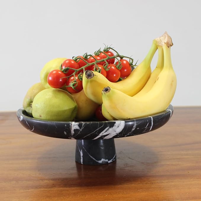 Natural Black Marble Fruit Bowl for Kitchen Counter 10.2", Large Decorative Bowl Pedestal for Home Decor, Fruits Holder For Dining Table - Kitchen Organization
