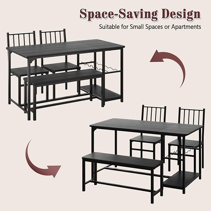 4 EVER WINNER Dining Table Set for 4, 55" Small Kitchen Table with Wine Rack & Wine Glasses Holder, Dining Room Table Set with 2 Chairs and Bench for Small Space, Black