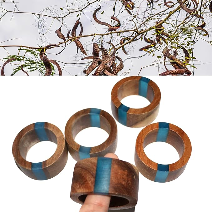 Wooden Napkin Rings Set of 8 for Dinning Table Decor - Acacia Wood Resin Napkin Holder Blue Napkin Ring for Home and Kitchen Décor (Round Shape)