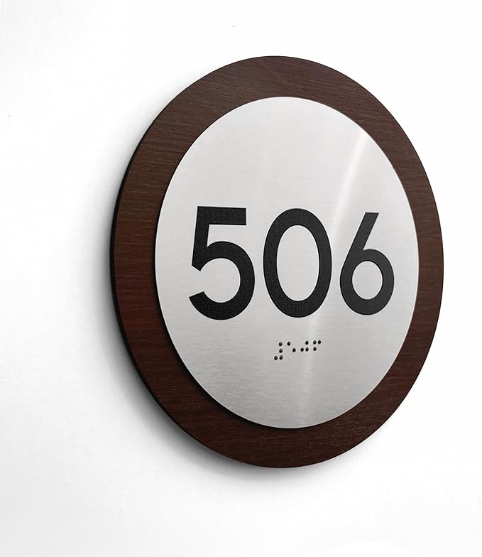 Bsign Round Door Number Sign - Wood Stainless Steel Plate - Custom Door Plates